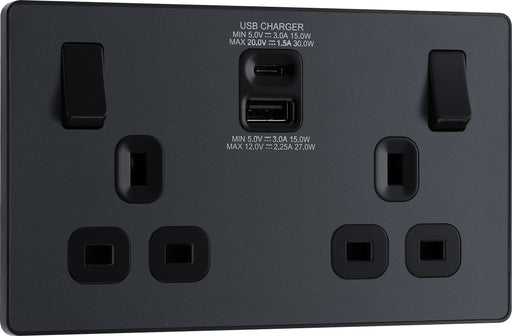 BG Evolve - PCDMG22UAC30B - Matt Grey (Black) Double Switched 13A Power Socket + USB C 30W + USB A (2.1A) BG - Evolve - Screwless Matt Grey BG - Sparks Warehouse