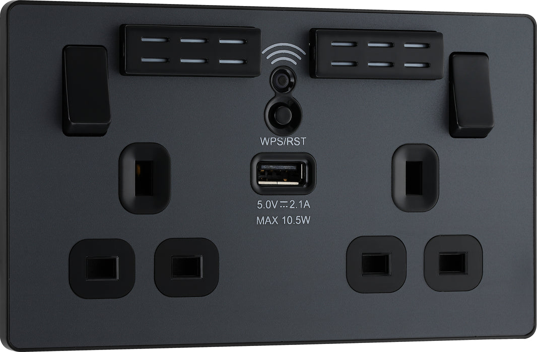 BG Evolve - PCDMG22UWRB - Matt Grey (Black) WIFI Extender Double Switched 13A Power Socket + 1 X USB (2.1A) BG - Evolve - Screwless Matt Grey BG - Sparks Warehouse