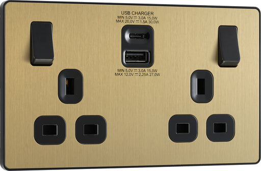 BG Evolve - PCDSB22UAC30B - Brushed Brass (Black) Double Switched 13A Power Socket + USB C 30W + USB A (2.1A) BG - Evolve - Screwless Brushed Brass BG - Sparks Warehouse