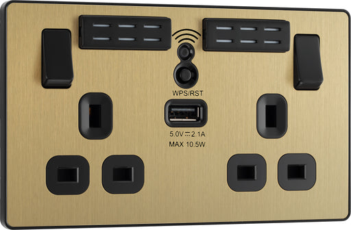 BG Evolve - PCDSB22UWRB - Brushed Brass (Black) WIFI Extender Double Switched 13A Power Socket + 1 X USB (2.1A) BG - Evolve - Screwless Brushed Brass BG - Sparks Warehouse