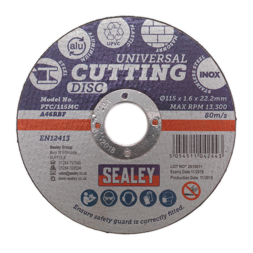 Sealey - PTC/115MC Multipurpose Cutting Disc Ø115 x 1.6mm Ø22.2mm Bore Consumables Sealey - Sparks Warehouse