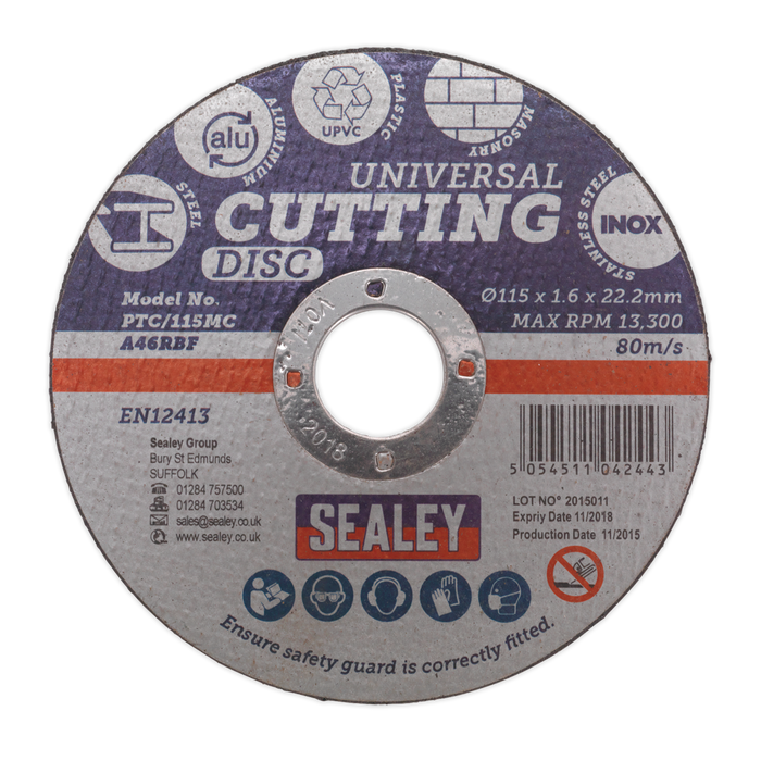 Sealey - PTC/115MC Multipurpose Cutting Disc Ø115 x 1.6mm Ø22.2mm Bore Consumables Sealey - Sparks Warehouse