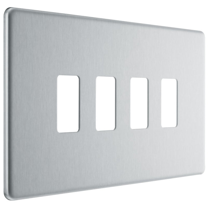 BG Nexus RFBS4 Grid Brushed Steel Screwless 4 Gang Front Plate New Nexus Grid BG - Sparks Warehouse