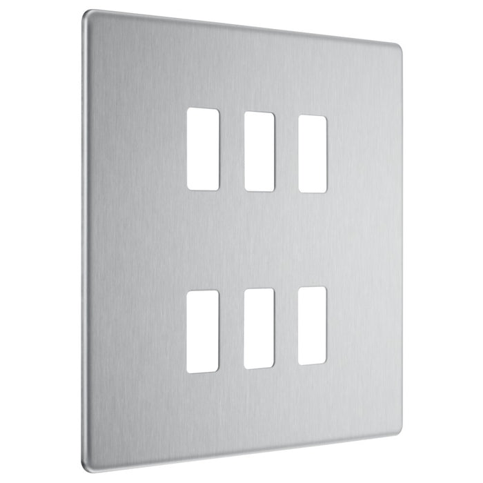 BG Nexus RFBS6 Grid Brushed Steel Screwless 6 Gang Front Plate New Nexus Grid BG - Sparks Warehouse