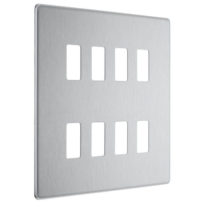 BG Nexus RFBS8 Grid Brushed Steel Screwless 8 Gang Front Plate New Nexus Grid BG - Sparks Warehouse