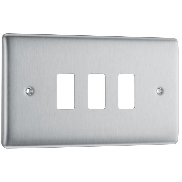 BG Nexus RNBS3 Grid Brushed Steel 3 Gang Front Plate New Nexus Grid BG - Sparks Warehouse