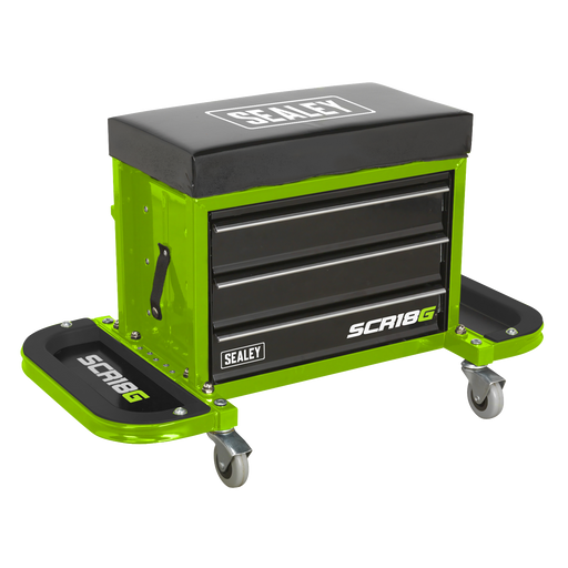 Sealey SCR18G - Mechanic's Utility Seat & Toolbox - Hi-Vis Green Jacking & Lifting Sealey - Sparks Warehouse