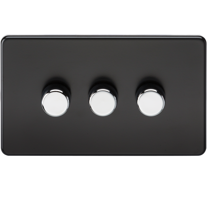 Knightsbridge SF2183MB Screwless 3G 2-way 10-200W (5-150W LED) Trailing edge dimmer - Matt Black with chrome knobs Knightsbridge Screwless Flat Plate Matt Black Knightsbridge - Sparks Warehouse
