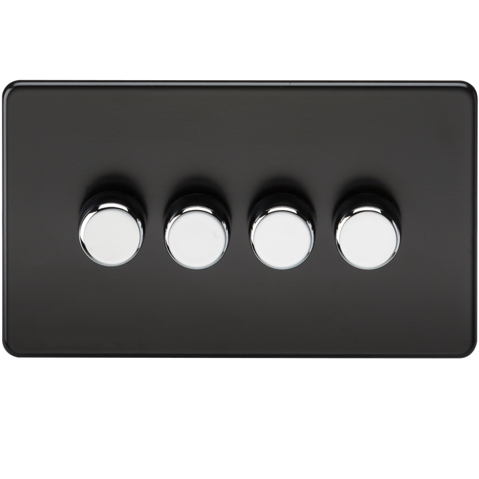 Knightsbridge SF2184MB Screwless 4G 2-way 10-200W (5-150W LED) Trailing edge dimmer - Matt Black with chrome knobs Knightsbridge Screwless Flat Plate Matt Black Knightsbridge - Sparks Warehouse