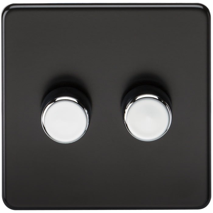 Knightsbridge SF2182MB Screwless 2G 2 Way Dimmer Switch - Matt Black - Chrome Knobs Knightsbridge Screwless Flat Plate Matt Black Knightsbridge - Sparks Warehouse