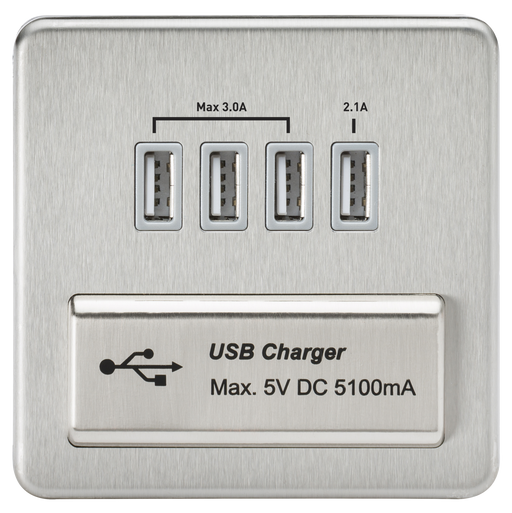 Knightsbridge SFQUADBCG Screwless quad USB Charger Outlet - Brushed  Chrome With grey Insert Light Switches Knightsbridge - Sparks Warehouse