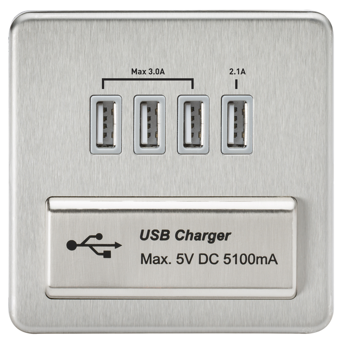 Knightsbridge SFQUADBCG Screwless quad USB Charger Outlet - Brushed  Chrome With grey Insert Light Switches Knightsbridge - Sparks Warehouse
