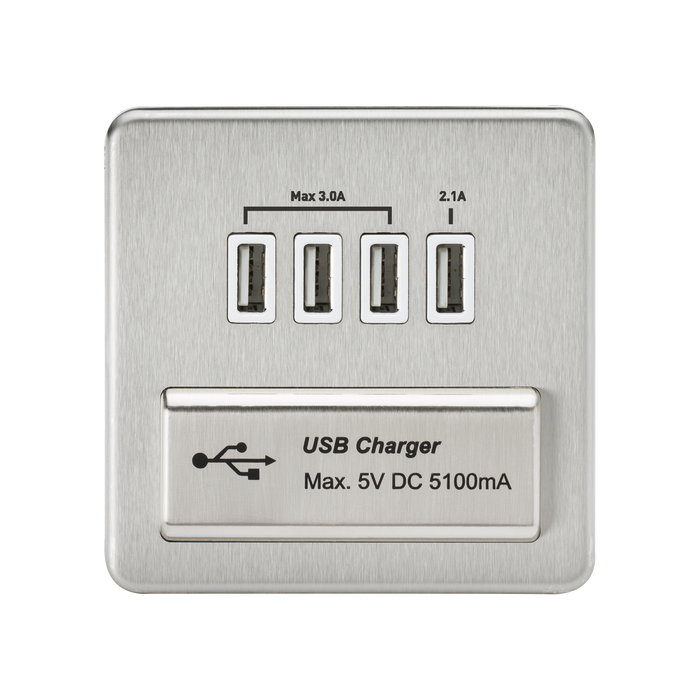 Knightsbridge SFQUADBCW Screwless 1G QUAD USB Charger Outlet 5V DC 5.1A - Brushed Chrome With White Insert KB Knightsbridge - Sparks Warehouse