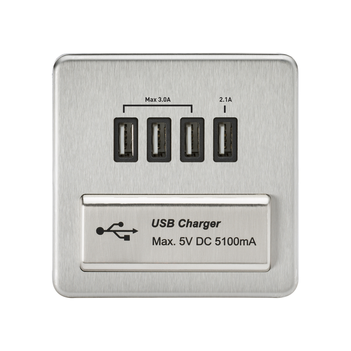 Knightsbridge SFQUADBC Screwless 1G QUAD USB Charger Outlet 5V DC 5.1A - Brushed Chrome With Black Insert KB Knightsbridge - Sparks Warehouse