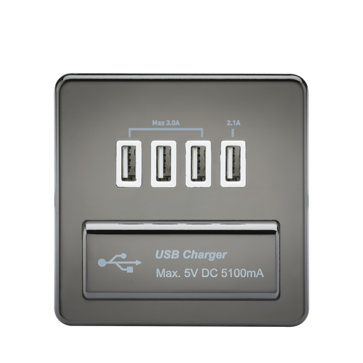 Knightsbridge SFQUADBNW Screwless 1G QUAD USB Charger Outlet 5V DC 5.1A - Black Nickel With White Insert KB Knightsbridge - Sparks Warehouse