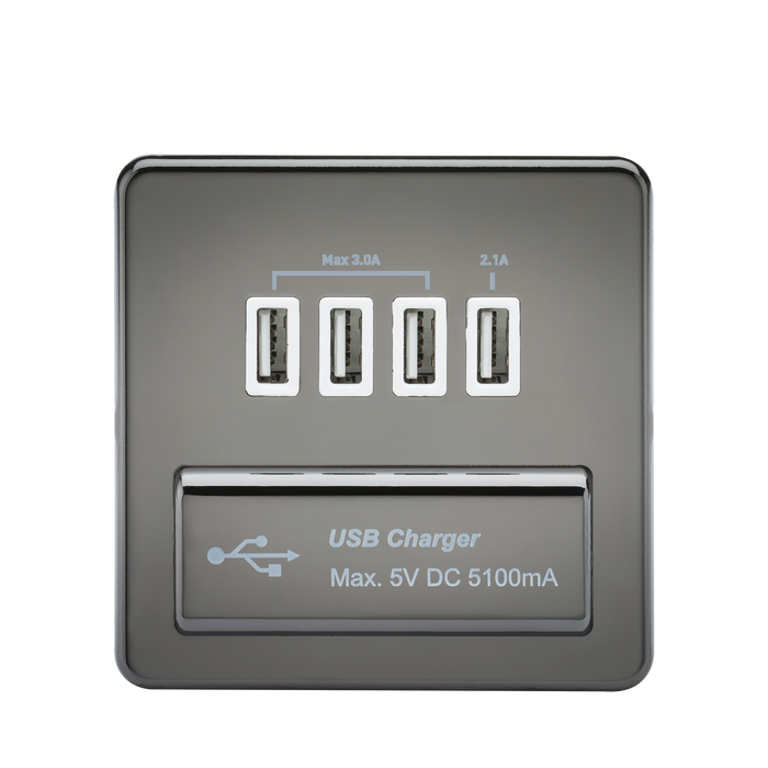 Knightsbridge SFQUADBNW Screwless 1G QUAD USB Charger Outlet 5V DC 5.1A - Black Nickel With White Insert KB Knightsbridge - Sparks Warehouse