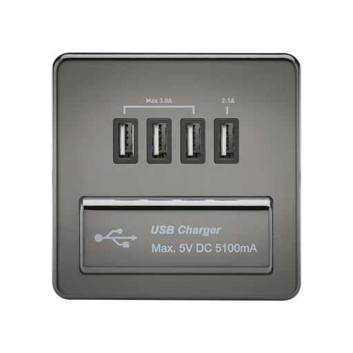 Knightsbridge SFQUADBN Screwless 1G QUAD USB Charger Outlet 5V DC 5.1A - Black Nickel With Black Insert KB Knightsbridge - Sparks Warehouse