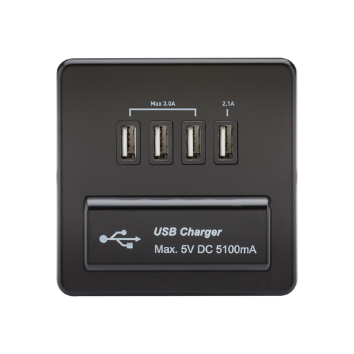 Knightsbridge SFQUADMB Screwless 1G QUAD USB Charger Outlet 5V DC 5.1A - Matt Black With Black Insert Knightsbridge Screwless Flat Plate Matt Black Knightsbridge - Sparks Warehouse