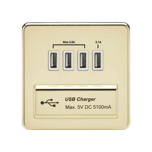 Knightsbridge SFQUADPBW Screwless 1G QUAD USB Charger Outlet 5V DC 5.1A - Polished Brass With White Insert KB Knightsbridge - Sparks Warehouse