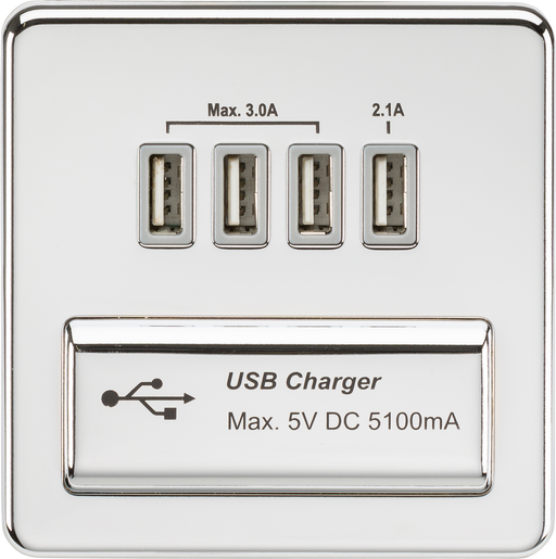 Knightsbridge SFQUADPCG Screwless Quad USB charger Outlet (5.1A) - Polished chrome with grey insert KB Knightsbridge - Sparks Warehouse