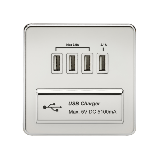 Knightsbridge SFQUADPCW Screwless 1G QUAD USB Charger Outlet 5V DC 5.1A - Polished Chrome With White Insert KB Knightsbridge - Sparks Warehouse