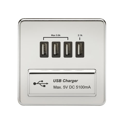 Knightsbridge SFQUADPC Screwless 1G QUAD USB Charger Outlet 5V DC 5.1A - Polished Chrome With Black Insert KB Knightsbridge - Sparks Warehouse