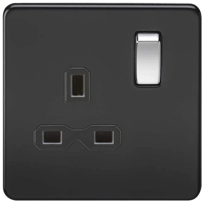 Knightsbridge SFR7000MB Screwless 13A 1G DP Switched Socket - Matt Black With Chrome Rocker Knightsbridge Screwless Flat Plate Matt Black Knightsbridge - Sparks Warehouse