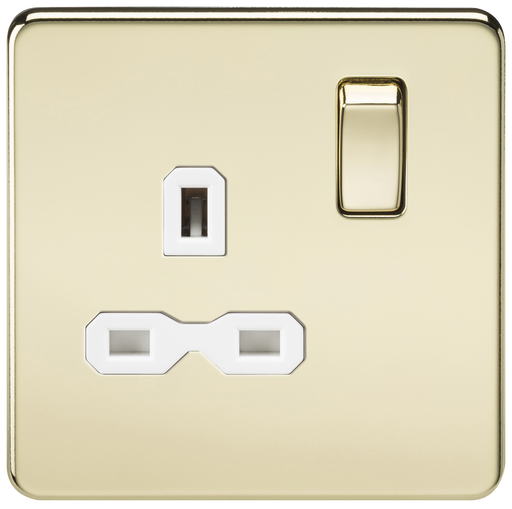 Knightsbridge SFR7000PBW Screwless 13A 1G DP Switched Socket - Polished Brass With White Insert Knightsbridge Screwless Flat Plate Polished Brass Knightsbridge - Sparks Warehouse