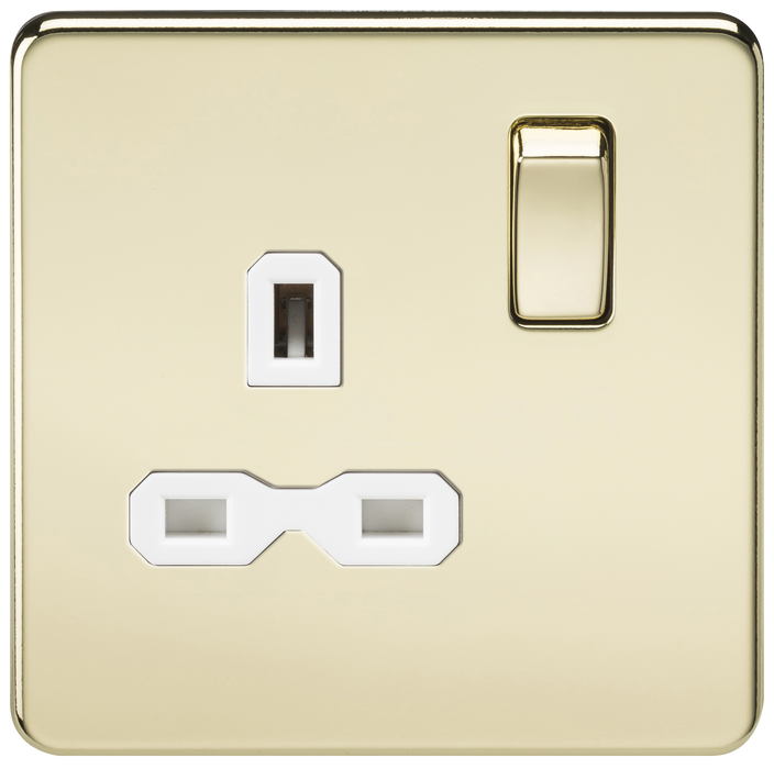 Knightsbridge SFR7000PBW Screwless 13A 1G DP Switched Socket - Polished Brass With White Insert Knightsbridge Screwless Flat Plate Polished Brass Knightsbridge - Sparks Warehouse