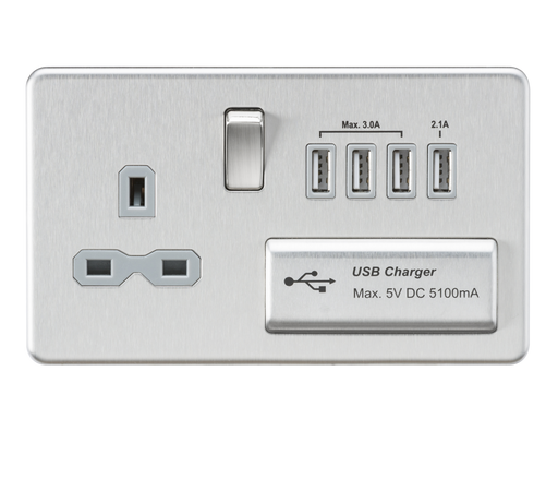 Knightsbridge SFR7USB4BCG Screwless 13A Switched Socket With quad USB Charger - Brushed Chrome With grey Insert Light Switches Knightsbridge - Sparks Warehouse