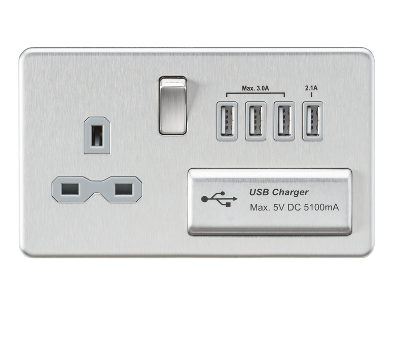 Knightsbridge SFR7USB4BCG Screwless 13A Switched Socket With quad USB Charger - Brushed Chrome With grey Insert Light Switches Knightsbridge - Sparks Warehouse
