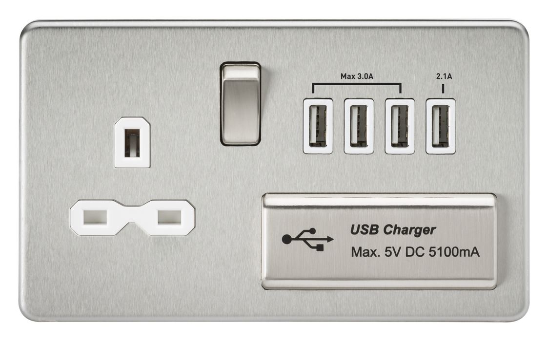 Knightsbridge SFR7USB4BCW Screwless 1G 13A Switched Socket With QUAD USB 5.1A - Brushed Chrome With White Insert sockets Knightsbridge - Sparks Warehouse