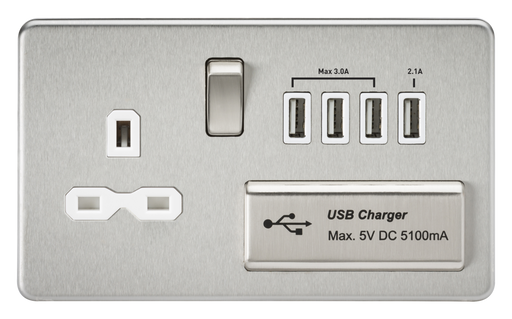 Knightsbridge SFR7USB4BCW Screwless 1G 13A Switched Socket With QUAD USB 5.1A - Brushed Chrome With White Insert sockets Knightsbridge - Sparks Warehouse