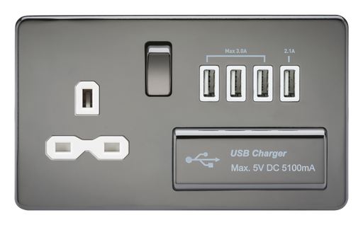 Knightsbridge SFR7USB4BNW Screwless 1G 13A Switched Socket With QUAD USB Charger 5V DC 5.1A - Black Nickel With White Insert Light Switches Knightsbridge - Sparks Warehouse