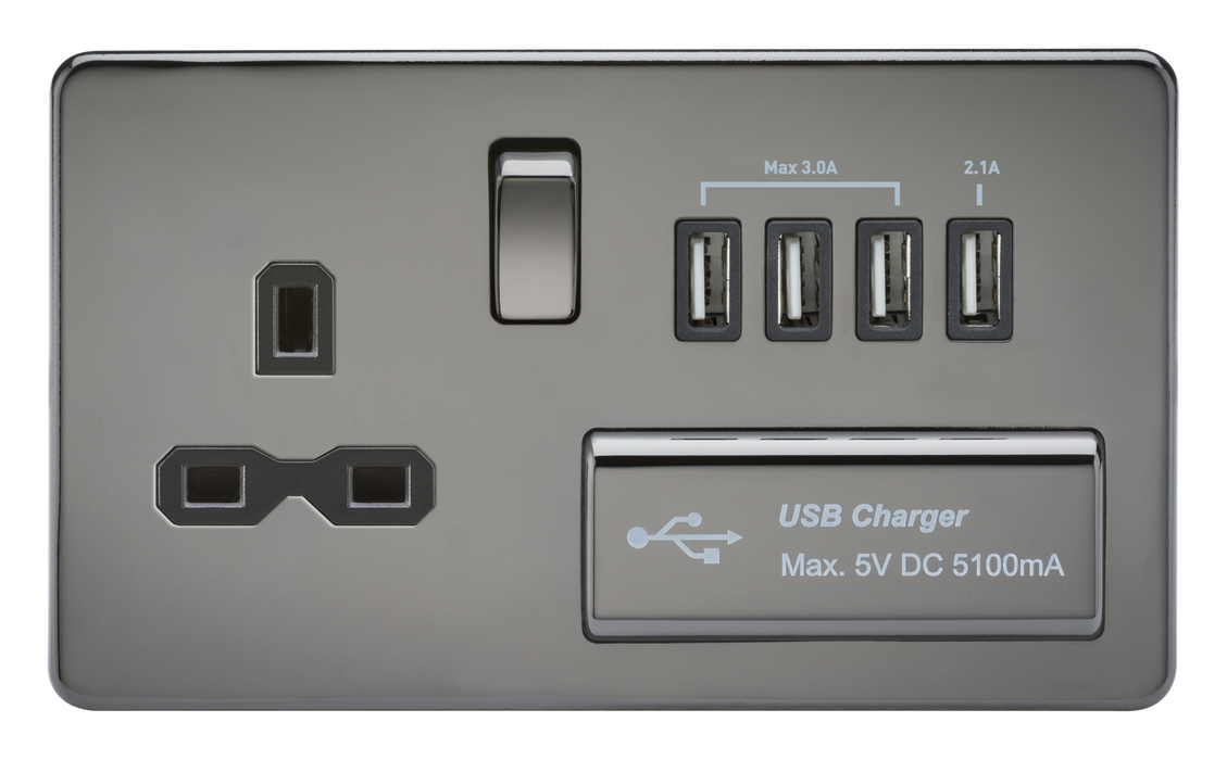 Knightsbridge SFR7USB4BN Screwless 1G 13A Switched Socket With QUAD USB Charger 5V DC 5.1A - Black Nickel With Black Insert Light Switches Knightsbridge - Sparks Warehouse