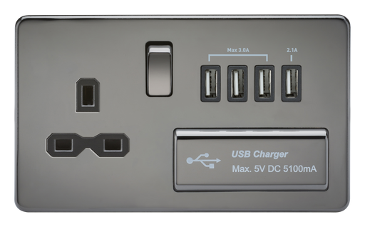 Knightsbridge SFR7USB4BN Screwless 1G 13A Switched Socket With QUAD USB Charger 5V DC 5.1A - Black Nickel With Black Insert Light Switches Knightsbridge - Sparks Warehouse