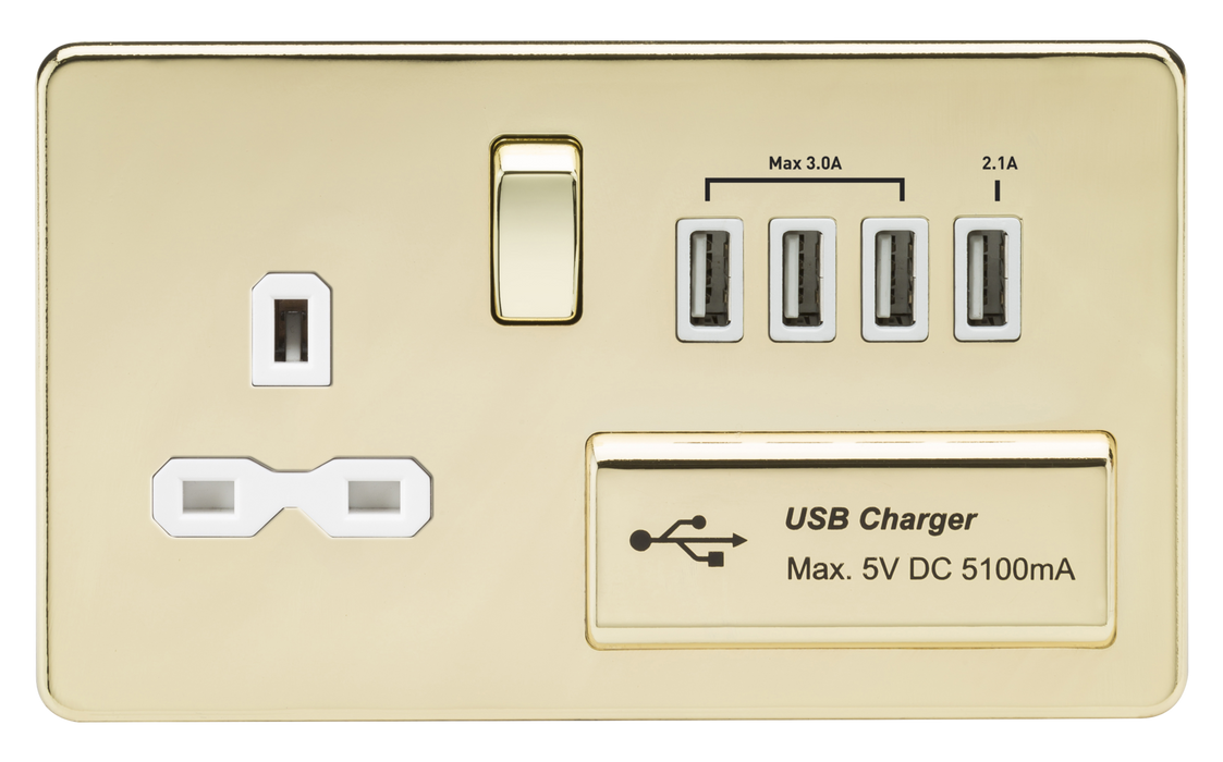 Knightsbridge SFR7USB4PBW Screwless 1G 13A Switched Socket With QUAD USB Charger 5V DC 5.1A - Polished Brass With White Insert KB Knightsbridge - Sparks Warehouse
