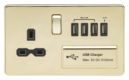 Knightsbridge SFR7USB4PB Screwless 1G 13A Switched Socket With QUAD USB Charger 5V DC 5.1A - Polished Brass With Black Insert KB Knightsbridge - Sparks Warehouse