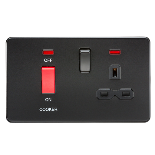 Knightsbridge SFR8333NMBB Screwless 45A DP Switch & 13A Switched Socket + Neons - Matt Black - Black Rocker Knightsbridge Screwless Flat Plate Matt Black Knightsbridge - Sparks Warehouse