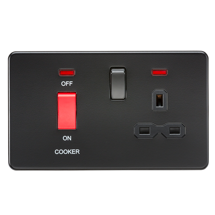 Knightsbridge SFR8333NMBB Screwless 45A DP Switch & 13A Switched Socket + Neons - Matt Black - Black Rocker Knightsbridge Screwless Flat Plate Matt Black Knightsbridge - Sparks Warehouse