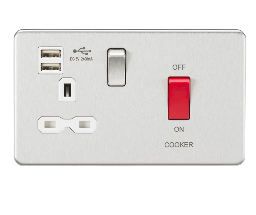 Knightsbridge SFR8333UBCW 45A DP Switch & 13A Switched Socket with Dual USB Charger 2.4A - Brushed Chrome with white insert ML Knightsbridge - Sparks Warehouse