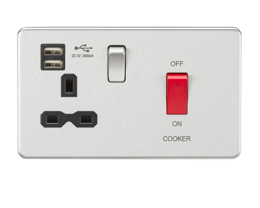 Knightsbridge SFR8333UBC 45A DP Switch & 13A Switched Socket with Dual USB Charger 2.4A - Brushed Chrome with black insert ML Knightsbridge - Sparks Warehouse