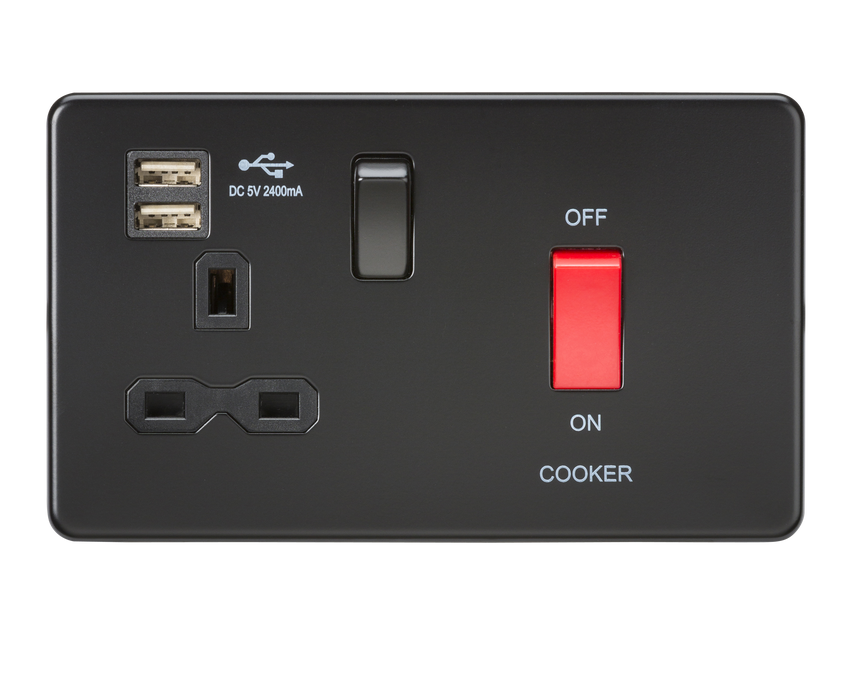 Knightsbridge SFR8333UMBB 45A DP Switch & 13A Switched Socket with Dual USB Charger 2.4A - Matt Black Knightsbridge Screwless Flat Plate Matt Black Knightsbridge - Sparks Warehouse