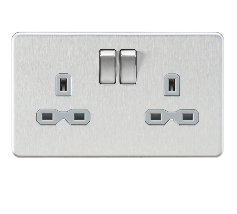 Knightsbridge SFR9000BCG Screwless 13A 2G DP Switched Socket - Brushed Chrome With grey Insert Mains Sockets & Switches Knightsbridge - Sparks Warehouse