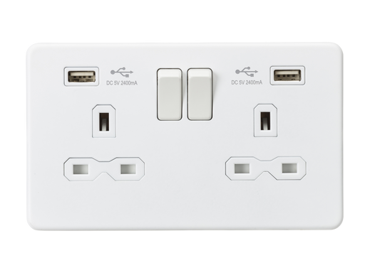 Knightsbridge SFR9224MW Screwless 13A 2G Switched Socket With Dual USB Charger - Matt White Knightsbridge Screwless Flat Plate Matt White Knightsbridge - Sparks Warehouse