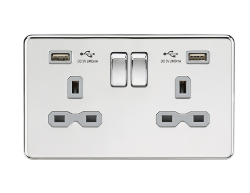 Knightsbridge SFR9224PCG 13A 2G Switched Socket with Dual USB Charger (2.4A) - Polished Chrome with Grey Insert ML Knightsbridge - Sparks Warehouse