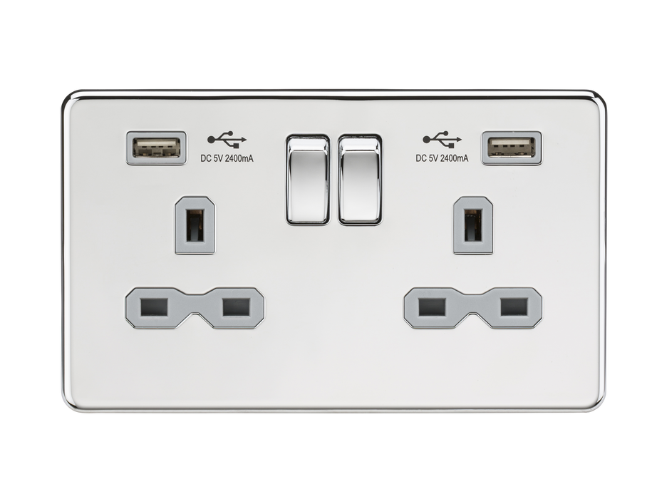 Knightsbridge SFR9224PCG 13A 2G Switched Socket with Dual USB Charger (2.4A) - Polished Chrome with Grey Insert ML Knightsbridge - Sparks Warehouse