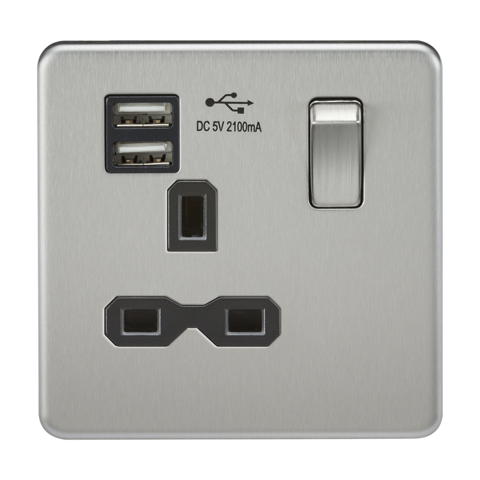 Knightsbridge SFR9124BC Screwless 13A 1G Switched Socket With Dual USB Charger - Brushed Chrome With Black Insert USB Sockets Knightsbridge - Sparks Warehouse