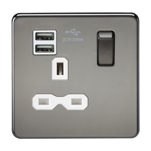 Knightsbridge SFR9901BNW Screwless 13A 1G Switched Socket With Dual USB Charger - Black Nickel With White Insert Sockets Knightsbridge - Sparks Warehouse