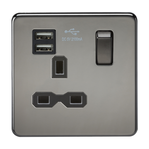Knightsbridge SFR9124BN Screwless 13A 1G Switched Socket With Dual USB Charger - Black Nickel With Black Insert Socket - With USB Knightsbridge - Sparks Warehouse